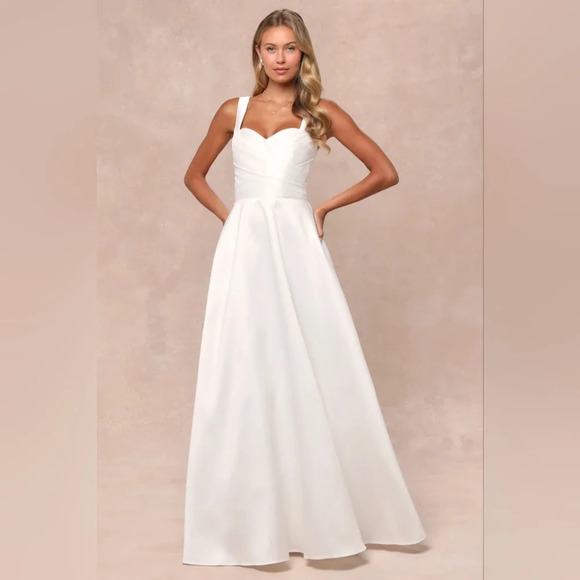 Lulus Modern Affection White Taffeta Pleated Sleeveless Maxi Dress Wedding - Picture 2 of 10
